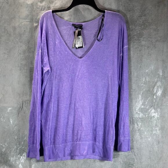 GUESS Women's Lilac Forever Sandra V-Neck Drop-Shoulder Ribbed-Hem Sweater SZ L - Picture 1 of 11